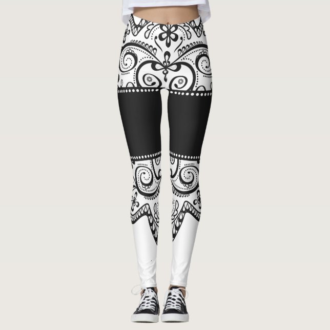 Legging caneleiras laçado brancas do preto do montante do (Frente)
