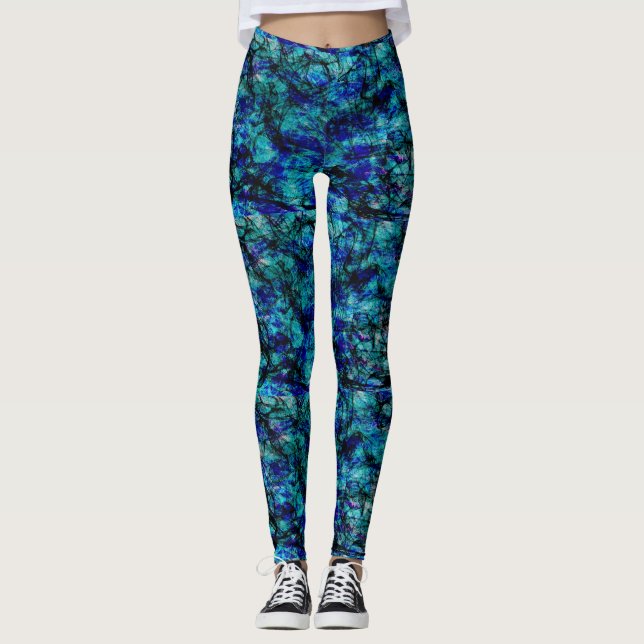 Legging caneleiras pretas da mancha do matiz do verde azul (Frente)