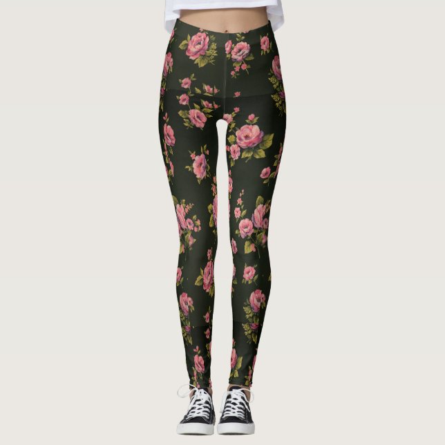 Legging Caneleiras pretas do impressão floral (Frente)