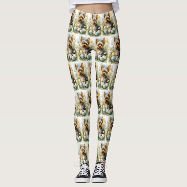 Legging Cão Yorkshire Terrier Com Ovos da Páscoa Feriado  (Frente)