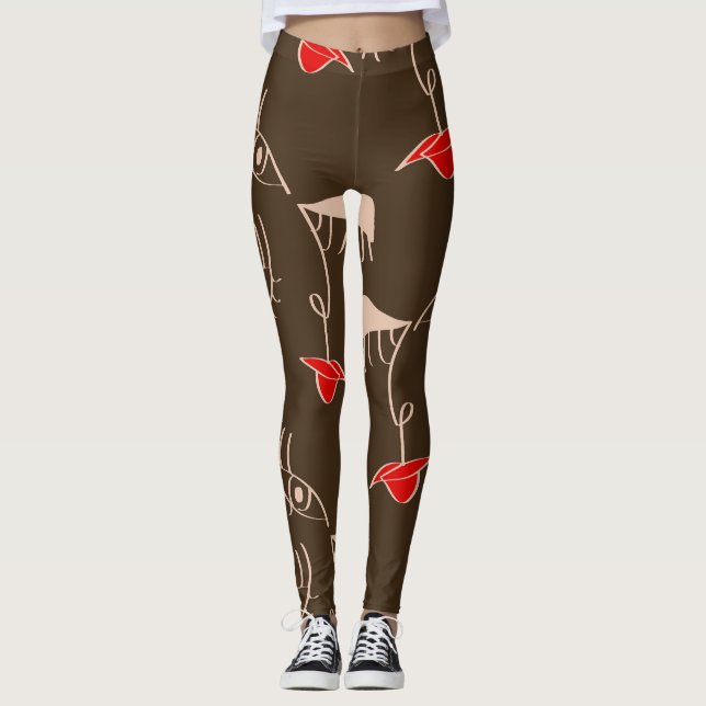 Legging Cara de mulher de uma linha: padrão de abstrato. (Frente)