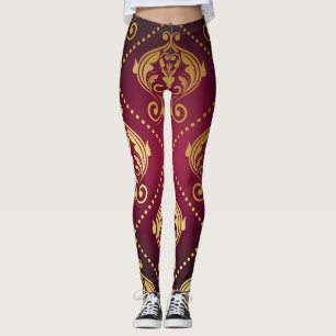 Legging Carteira de Vintage do Ornament Dourado Maroon