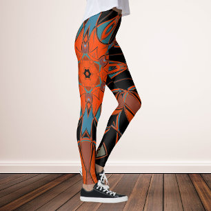 Legging Cartografia Mandala Flor Azul Laranja e Preto