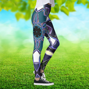 Legging Cartografia Mandala Flor Azul Roxo Preto e Branco