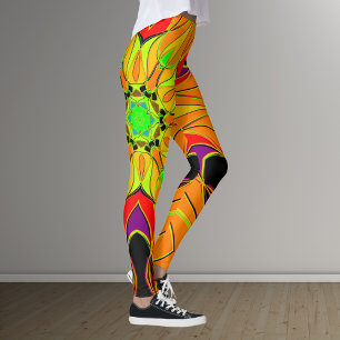 Legging Cartografia Mandala Flor Laranja Verde e Vermelho