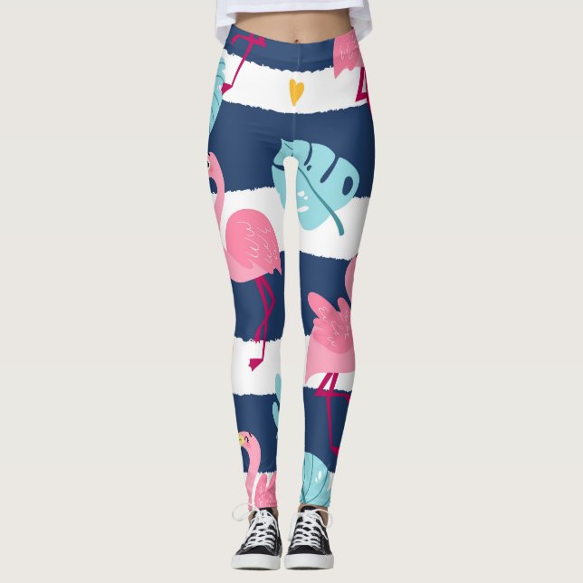 Legging Cartoon Flamingos: Vintage Tropical de Verão. (Frente)