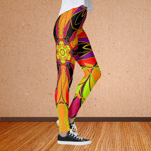 Legging Cartoon Mandala Flor Laranja Roxo e Vermelho