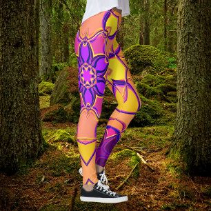 Legging Cartoon Mandala Flor Rosa Púrpura e Laranja