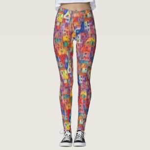 Legging Casa Colorida Artística Cidade Padrão Aquarela