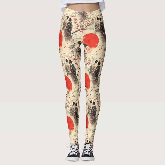 Legging Casais Românticos com Quimonos e Sakura Padrão (3) (Frente)