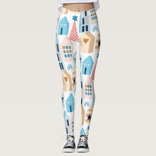 Legging Casas escandinavas, padrão de humor de inverno. (Frente)