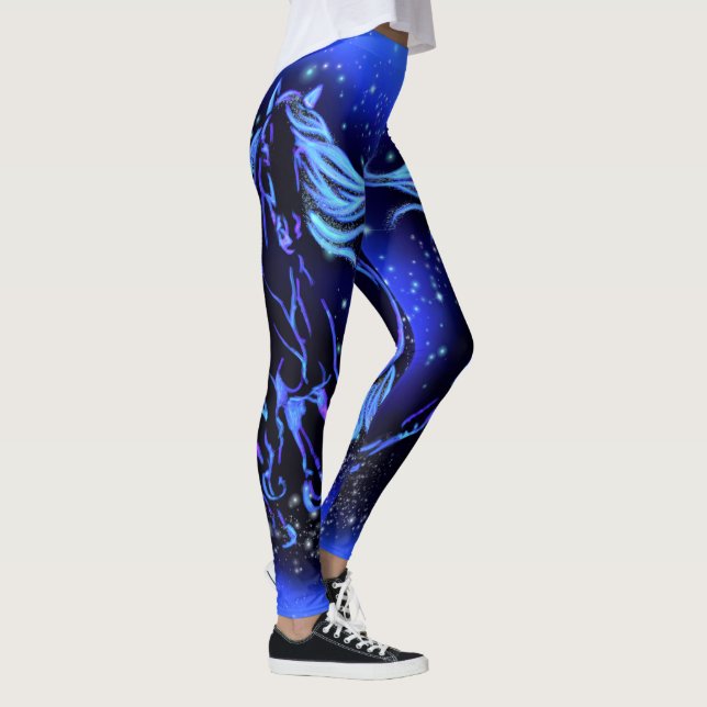 Legging Cavalo Azul Neon Correndo À Lua À Noite Estrelada (Direita)