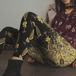 Legging Celebração de Ano Novo com Champanhe Dourado Brilh