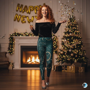 Legging Celebração de Ano Novo Relógio Azul Escuro e Doura