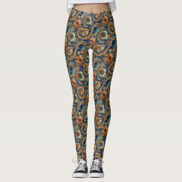 Legging Celestial Paisley Patterno Azul, Laranja, Dourado