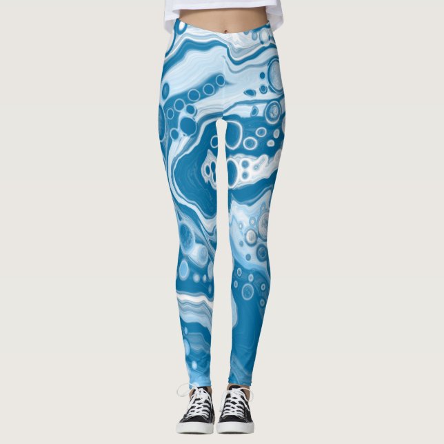 Legging Células de pintura de mármore azul-fluido digital (Frente)