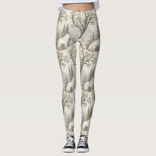 Legging Cena de inverno Tranquila com Lobos Brancos (Frente)