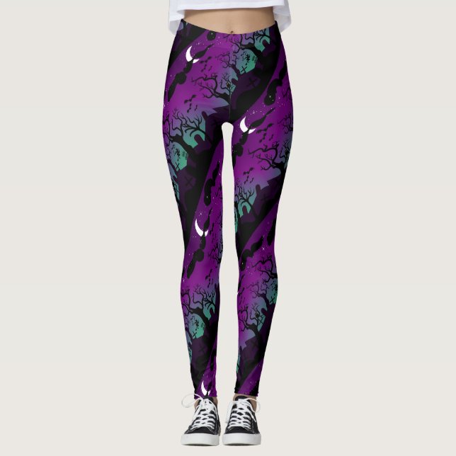Legging Cenário de cemitério de Halloween roxo e aqua (Frente)