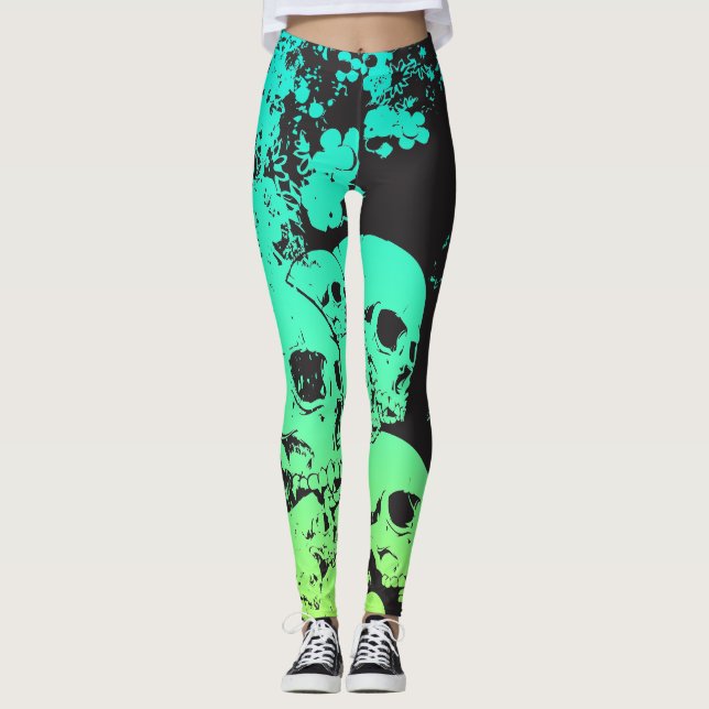 Legging Cerceta/caneleiras verdes dos crânios (Frente)