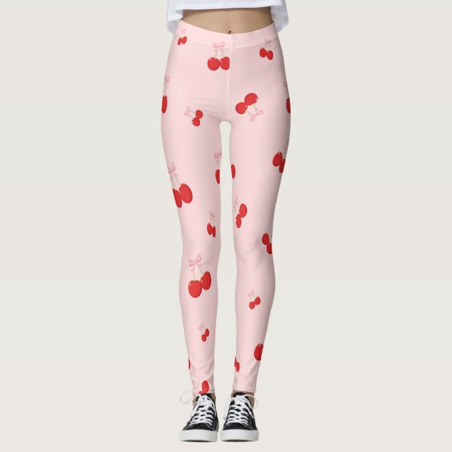 Legging Cerejas Vermelhas com Arco Rosa Coquette Chic (Frente)