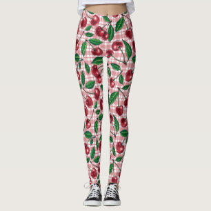 Legging Cerejas vermelhas em gingham rosa