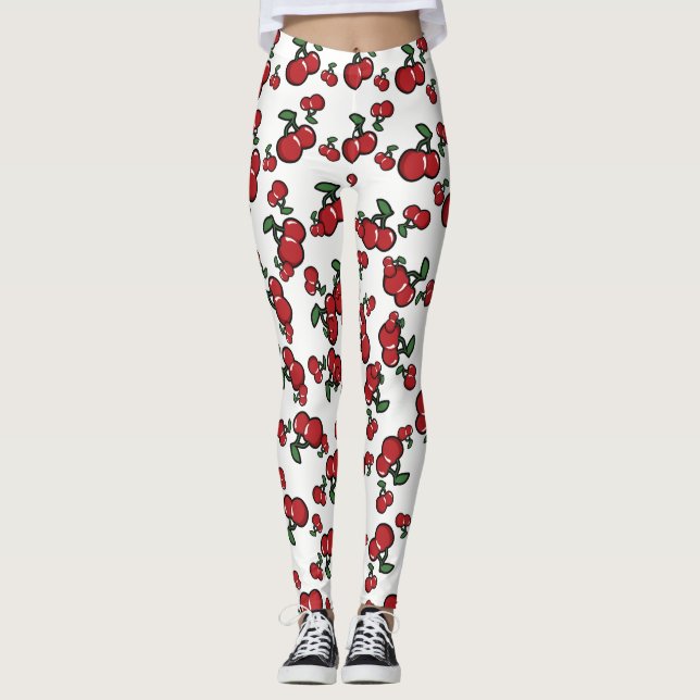 Legging Cerejas Vermelhas & Frutas Fofas Brancas (Qualquer (Frente)