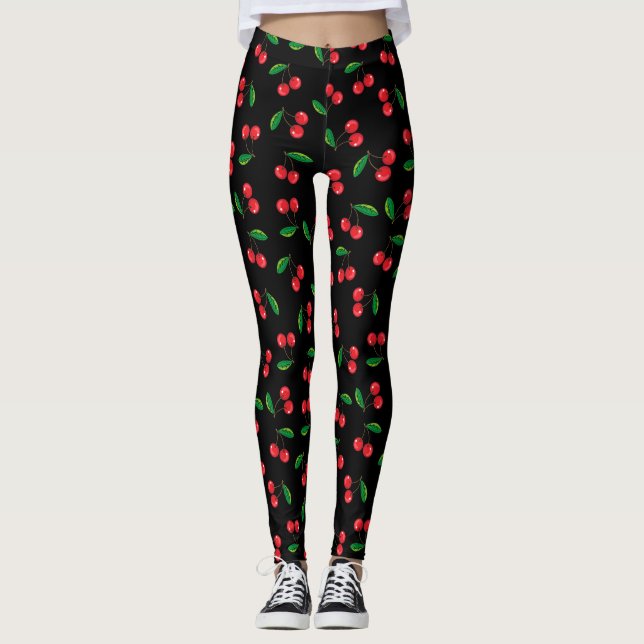 Legging Cerejas Vermelhos de Verão em Fruta Negra Padrão (Frente)