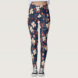 Legging Cerejeira Floral Japonesa Vermelho Marinho