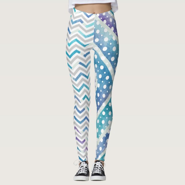 Legging Cevon de aquarela azul, coxas de bolinhas (Frente)