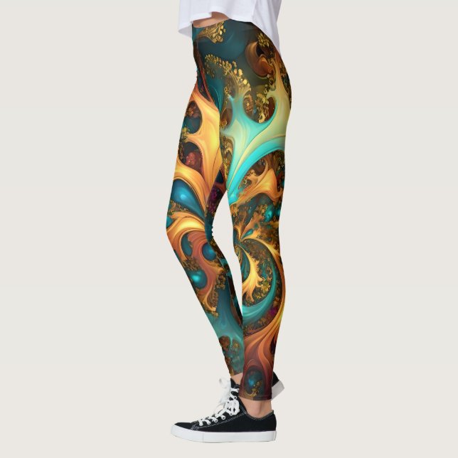 Legging Chama de Cor: Teal, Dourada, dança Fractal Laranja (Esquerda)