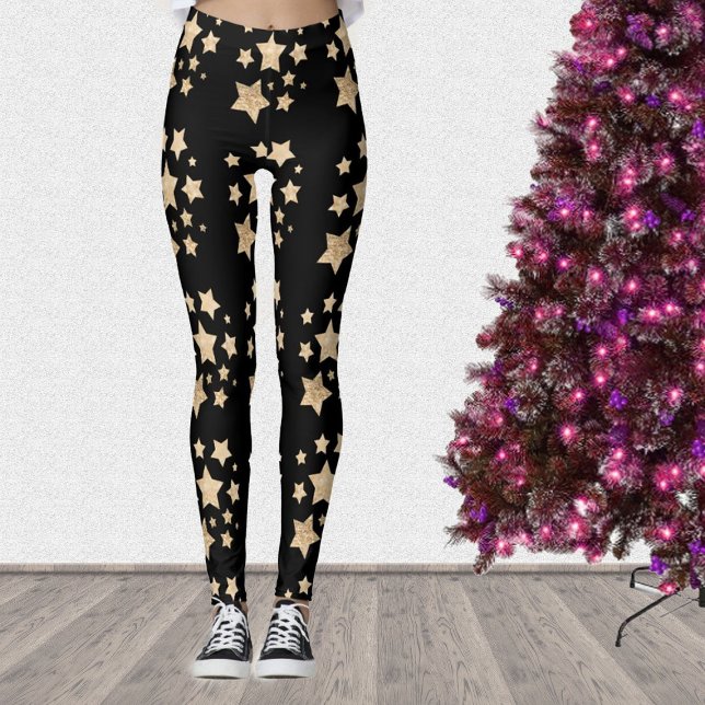 Legging Champanhe dourado farelo farelo brilha estrelas (Christmas Leggings with Champagne gold light faux glitter sparkles Stars pattern.)
