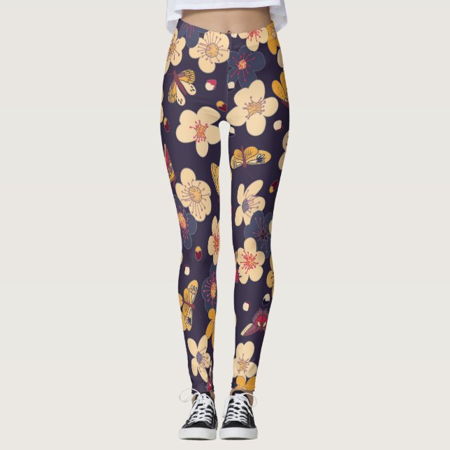 Legging Cherry Blossom Butterfly Impressão asiático (Frente)