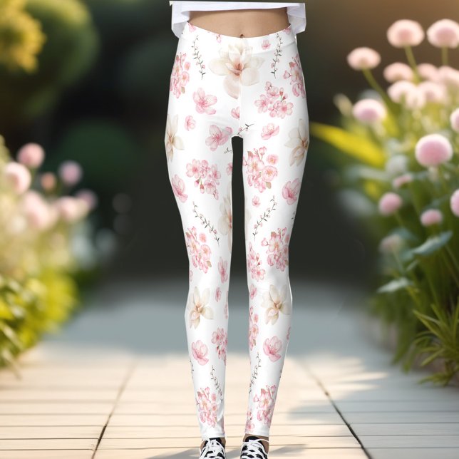 Legging Cherry Blossom Sacura Padrão Cor-de-rosa branco (Cherry Blossom Sacura Pattern White Pink Floral Leggings)