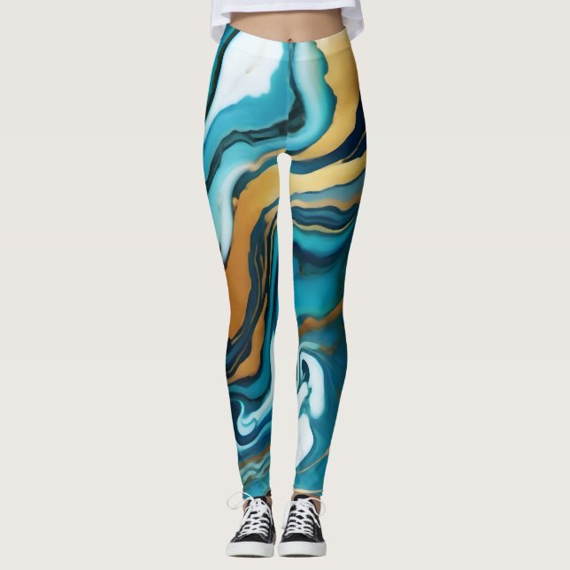 Legging Chic Elegante azul esverdeado dourado Faux Marble (Frente)