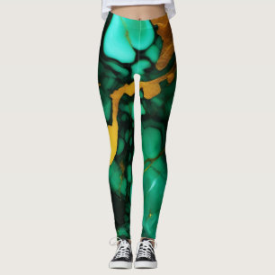 Legging Chic Elegante verde escuro ouro amarelo Faux Marbl