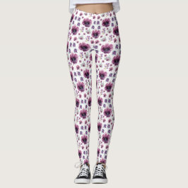 Legging chic floral foliage purple blooming flowers