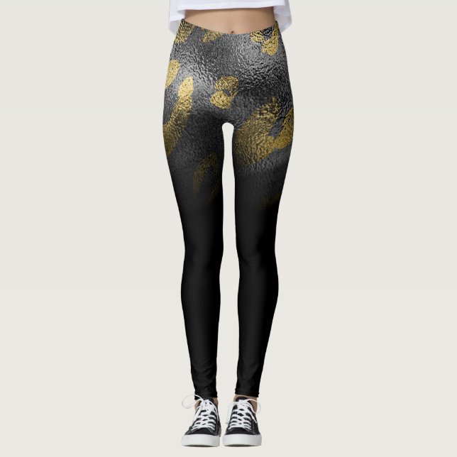 Legging Chic Preto Brilhante do Leopard Dourado Cheetah Im (Frente)