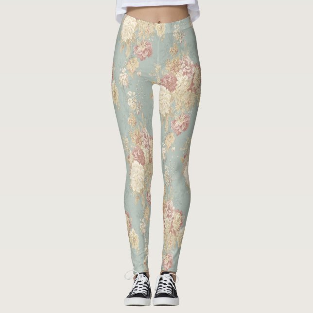Legging Chique de Flores Florais Brancas Azul (Frente)