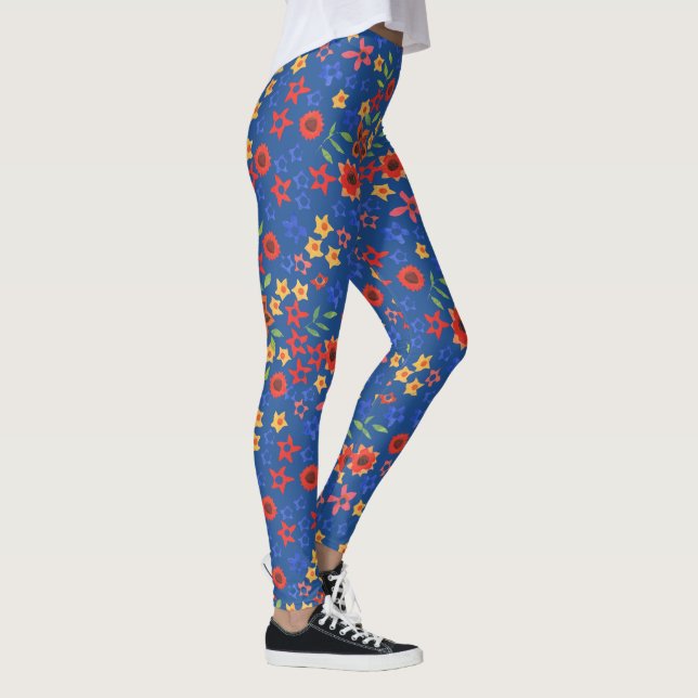 Legging Chique Floral Retro Avó Impresso em Azul Real (Direita)