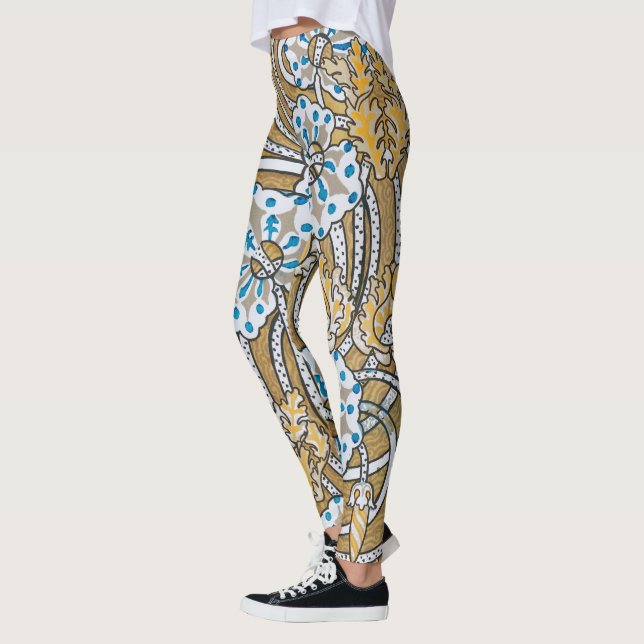 Legging ciclamen azul arte nova flor botânica (Esquerda)
