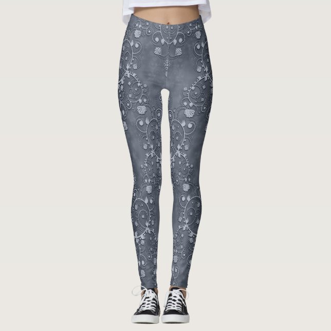 Legging Cinza aço/estanho e damasco floral cinza claro (Frente)