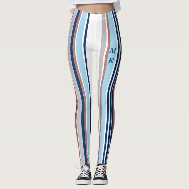 Legging Cinza Branca Vermelha Azul Moderna Stripes Monogra (Frente)