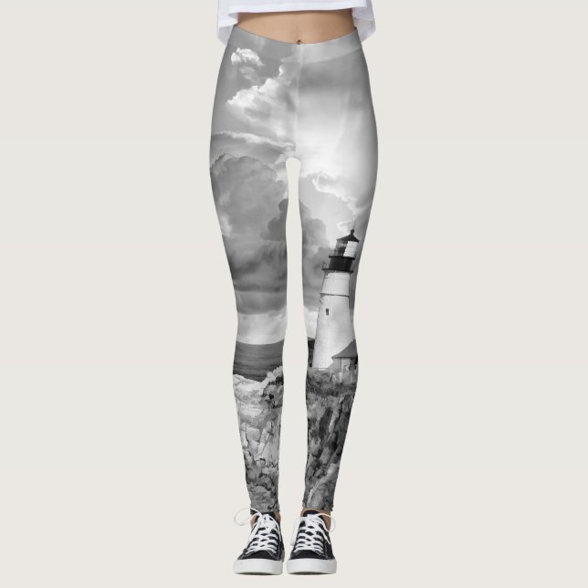 Legging Cinza de farol Negro Nuvens brancas negras Oceano  (Frente)