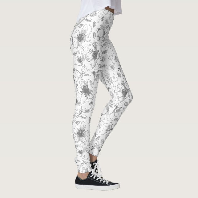 Legging Cinza de Padrão Floral de Contorno Descrito/Wht ID (Direita)