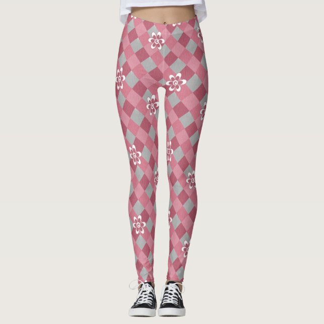 Legging Cinza e xadrez cor-de-rosa com flores camomilares (Frente)