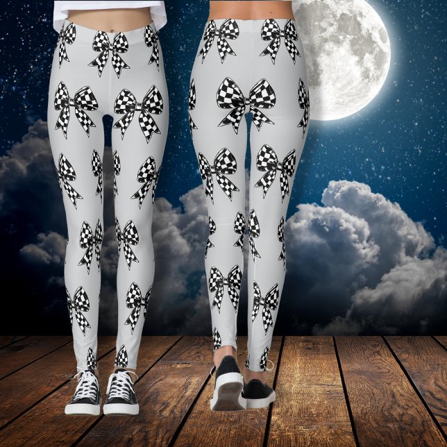 Legging Cinza Feliz de Halloween Verificada arco preto Coq (Happy Halloween grey checked black bows Coquette Leggings)