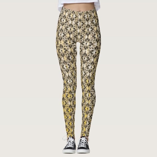 Legging Cinzas, Pretas e Douradas Flores Padrão (Frente)