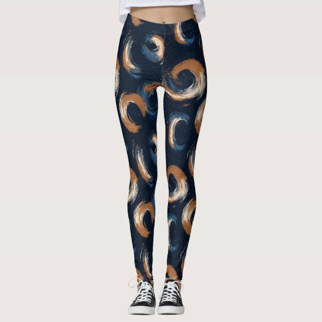 Legging Círculo giratório azul e castanho em fundo escuro (Frente)