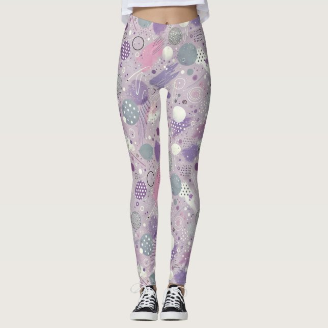 Legging Círculos abstrato púrpura com acentos de tiras de  (Frente)