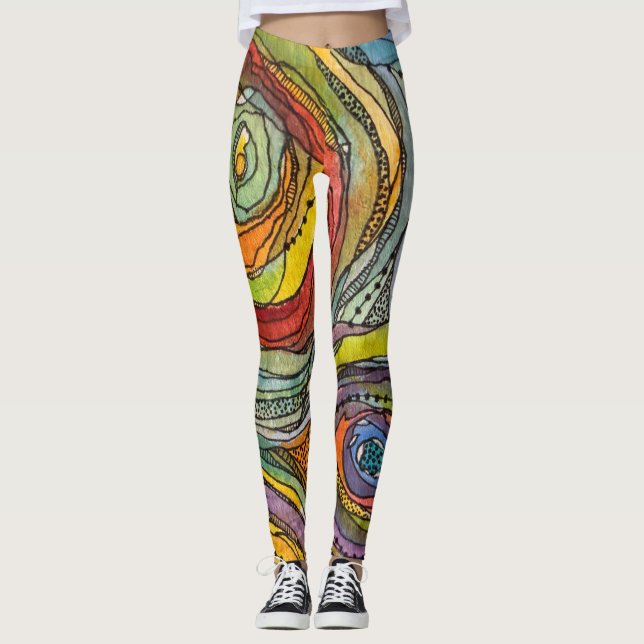 Legging Círculos Coloridos de Aquarela Linhas de Tinta Pon (Frente)